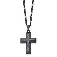 Chisel Stainless Steel Polished Black IP-plated Necklace with Blue Carbon Fiber Inlay Cross Pendant on a Curb Chain, 24" view 2