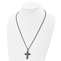 Chisel Stainless Steel Polished Black IP-plated Necklace with Blue Carbon Fiber Inlay Cross Pendant on a Curb Chain, 24" view 4
