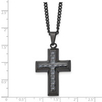 Chisel Stainless Steel Polished Black IP-plated Necklace with Blue Carbon Fiber Inlay Cross Pendant on a Curb Chain, 24" view 5