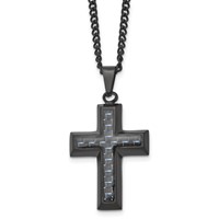 Chisel Stainless Steel Polished Black IP-plated Necklace with Blue Carbon Fiber Inlay Cross Pendant on a Curb Chain, 24" view 1