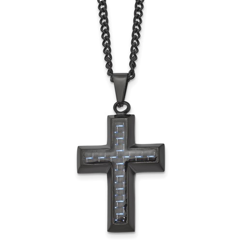 Chisel Stainless Steel Polished Black IP-plated Necklace with Blue Carbon Fiber Inlay Cross Pendant on a Curb Chain, 24"