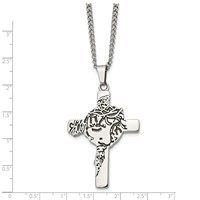 Chisel Stainless Steel Antiqued and Polished Jesus Face Cross Pendant on a Curb Chain Necklace, 24" view 3