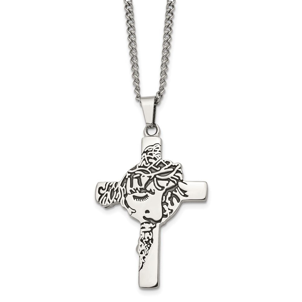 Stainless Steel Antiqued and Polished Jesus Face Cross 24in Necklace