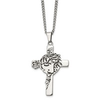 Chisel Stainless Steel Antiqued and Polished Jesus Face Cross Pendant on a Curb Chain Necklace, 24" view 1