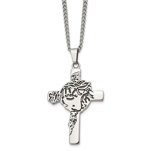 Chisel Stainless Steel Antiqued and Polished Jesus Face Cross Pendant on a Curb Chain Necklace, 24"