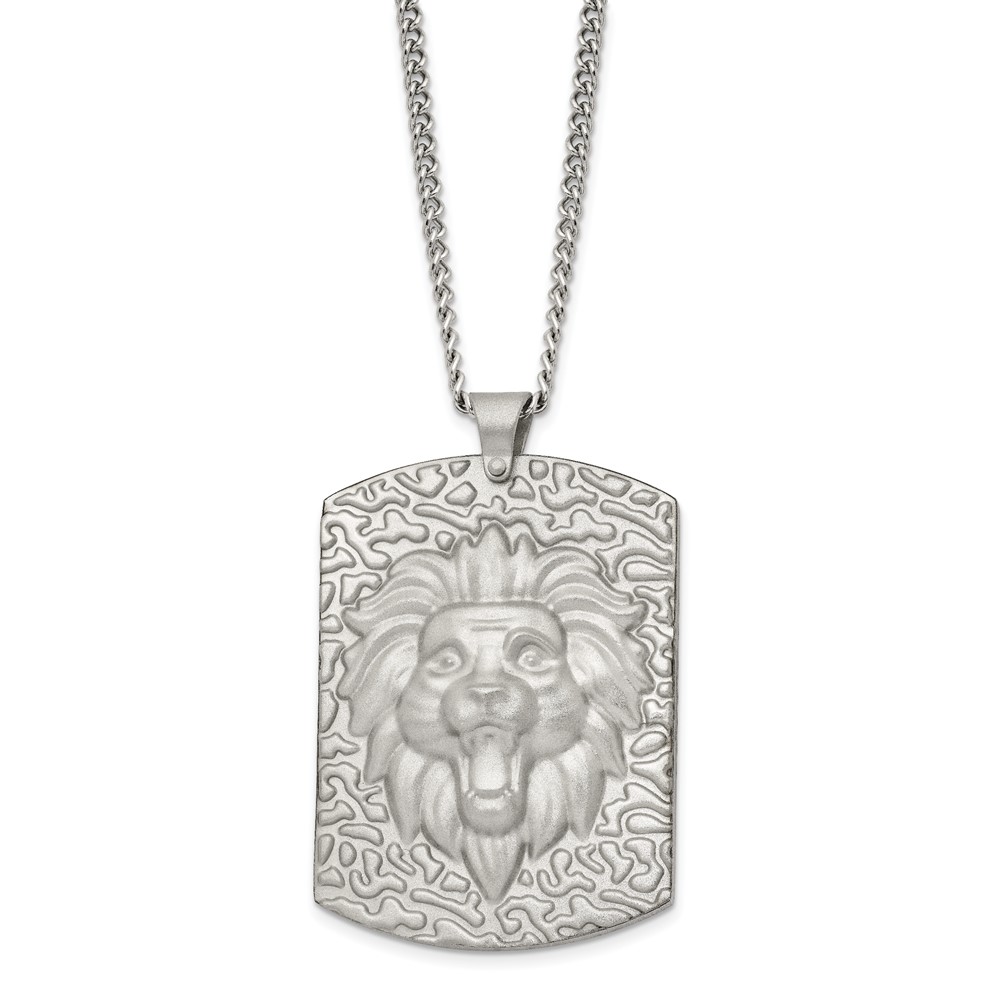Stainless Steel Matte Finish Lion Head Large Dog Tag 24 inch Necklace