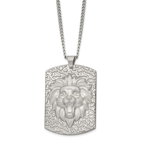 Stainless Steel Matte Finish Lion Head Large Dog Tag Necklace, 24"