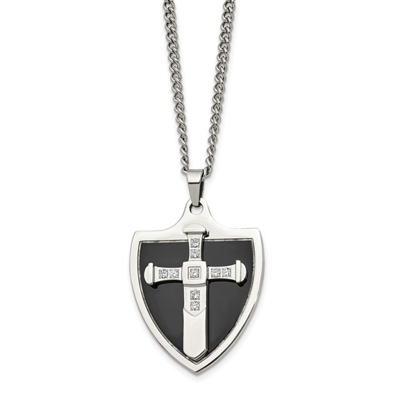 Chisel Stainless Steel Polished Black IP-plated with CZ Cross Shield Pendant on a 24 inch Curb Chain Necklace