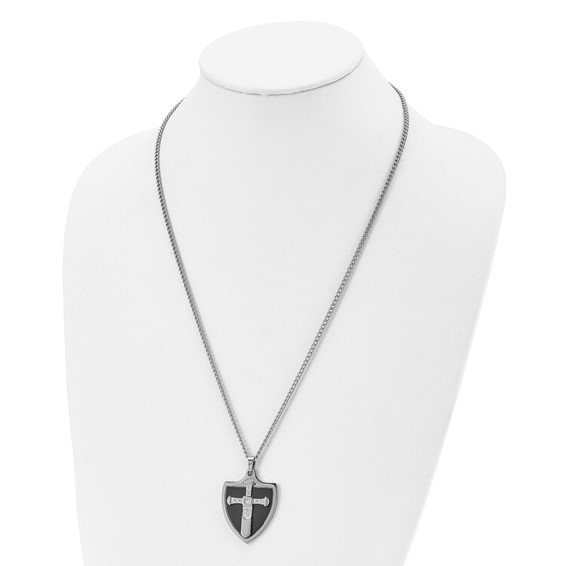 Chisel Stainless Steel Polished Black IP-plated with CZ Cross Shield Pendant on a 24 inch Curb Chain Necklace