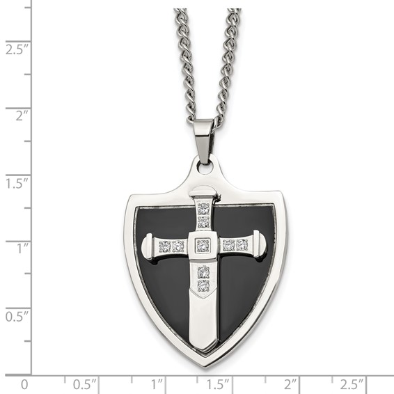 Chisel Stainless Steel Polished Black IP-plated with CZ Cross Shield Pendant on a 24 inch Curb Chain Necklace