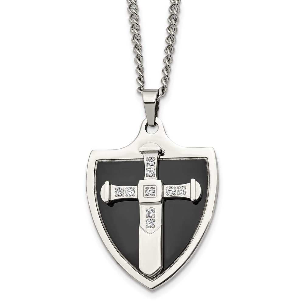 Stainless Steel Polished Black IP-plated w/CZ Cross Shield 24in Necklace