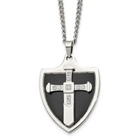 Chisel Stainless Steel Polished Black IP-plated with CZ Cross Shield Pendant on a 24 Inch Curb Chain Necklace view 1