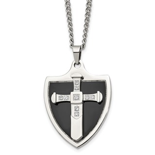 Chisel Stainless Steel Polished Black IP-plated with CZ Cross Shield Pendant on a 24 inch Curb Chain Necklace