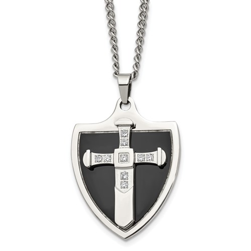 Chisel Stainless Steel Polished Black IP-plated Necklace with CZ Cross Shield Pendant on a Curb Chain, 24"