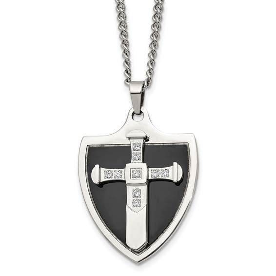 Chisel Stainless Steel Polished Black IP-plated with CZ Cross Shield Pendant on a 24 inch Curb Chain Necklace