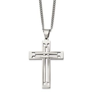 Chisel Stainless Steel Polished Cross Pendant on a 24 inch Curb Chain Necklace
