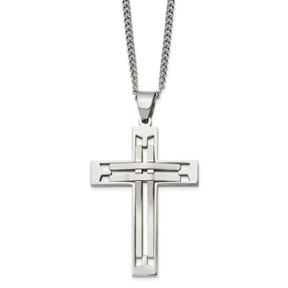 Chisel Stainless Steel Polished Cross Pendant on a 24 inch Curb Chain Necklace