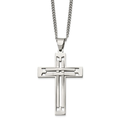 Chisel Stainless Steel Polished Cross Pendant on a Curb Chain Necklace, 24"