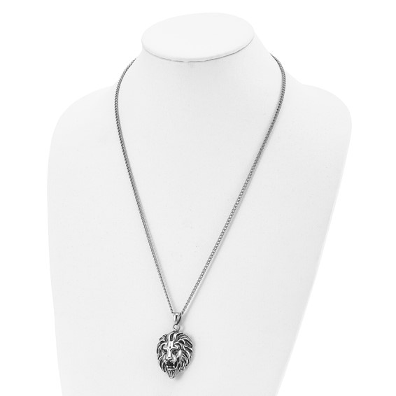 Chisel Stainless Steel Antiqued and Polished Small Lion Head Pendant on a 24 inch Curb Chain Necklace