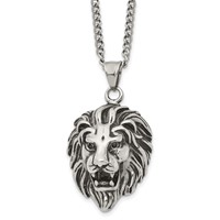 Chisel Stainless Steel Antiqued and Polished Small Lion Head Pendant on a Curb Chain Necklace, 24" view 1