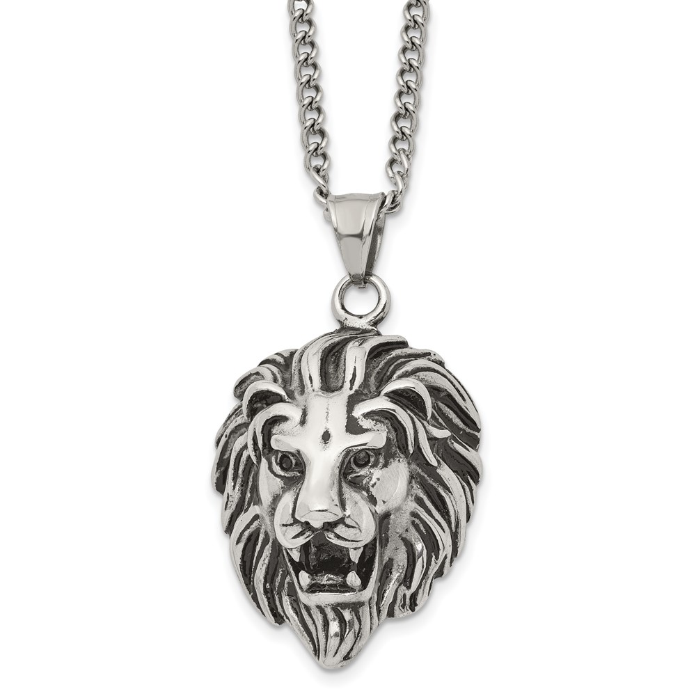 Stainless Steel Antiqued and Polished Lion Head 24in Necklace