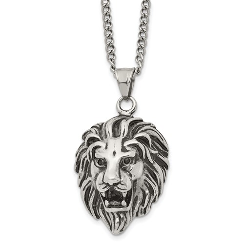 Chisel Stainless Steel Antiqued and Polished Small Lion Head Pendant on a Curb Chain Necklace, 24"