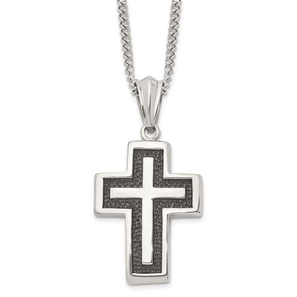 Stainless Steel Antiqued Polished and Textured Cross 24in Necklace