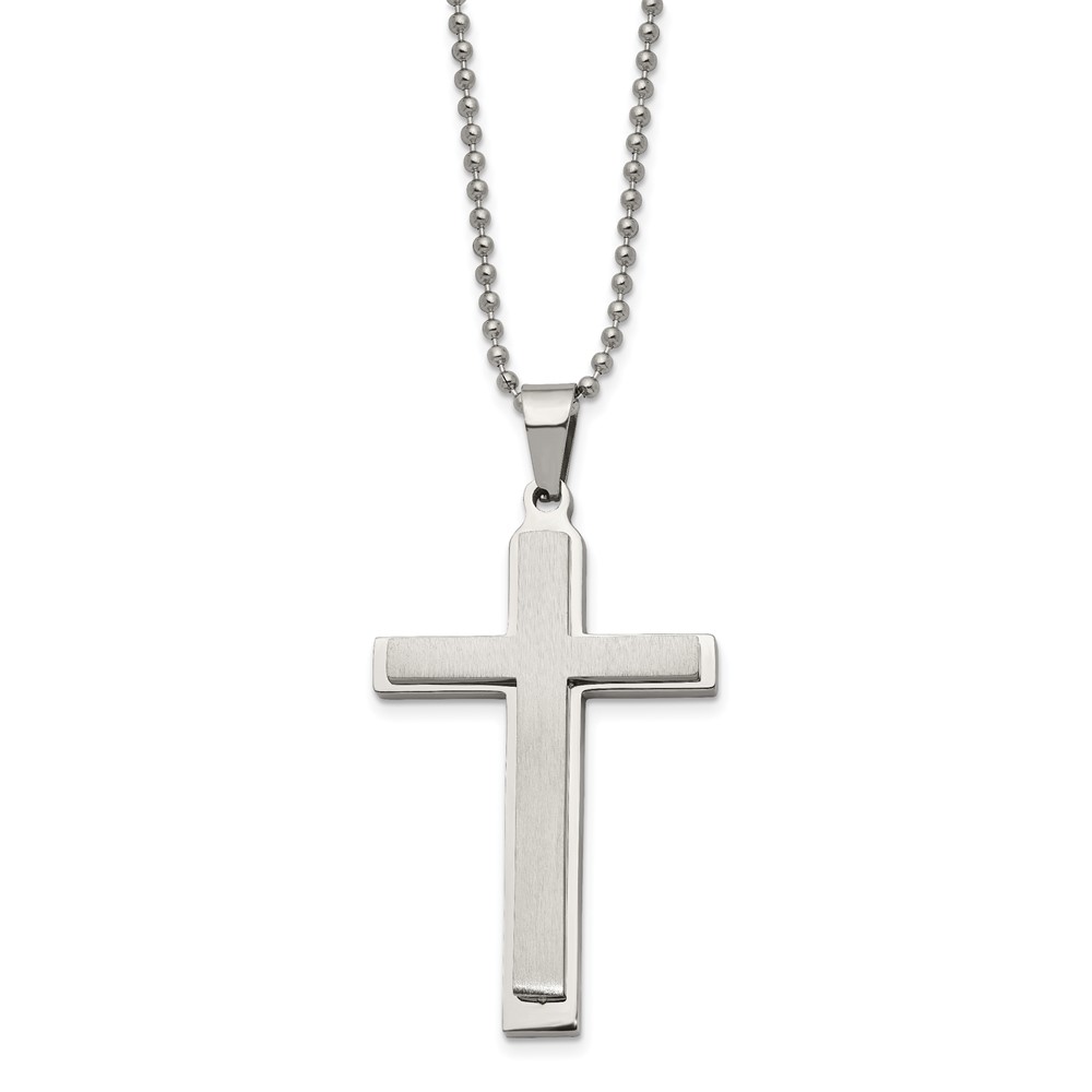 Stainless Steel Brushed and Polished Layered Cross 22in Necklace