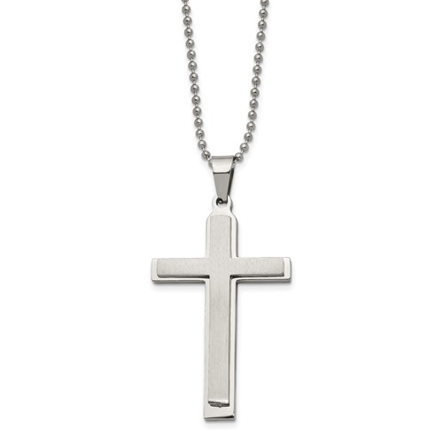 Chisel Stainless Steel Brushed and Polished Layered Cross Pendant on a 22 Inch Ball Chain Necklace