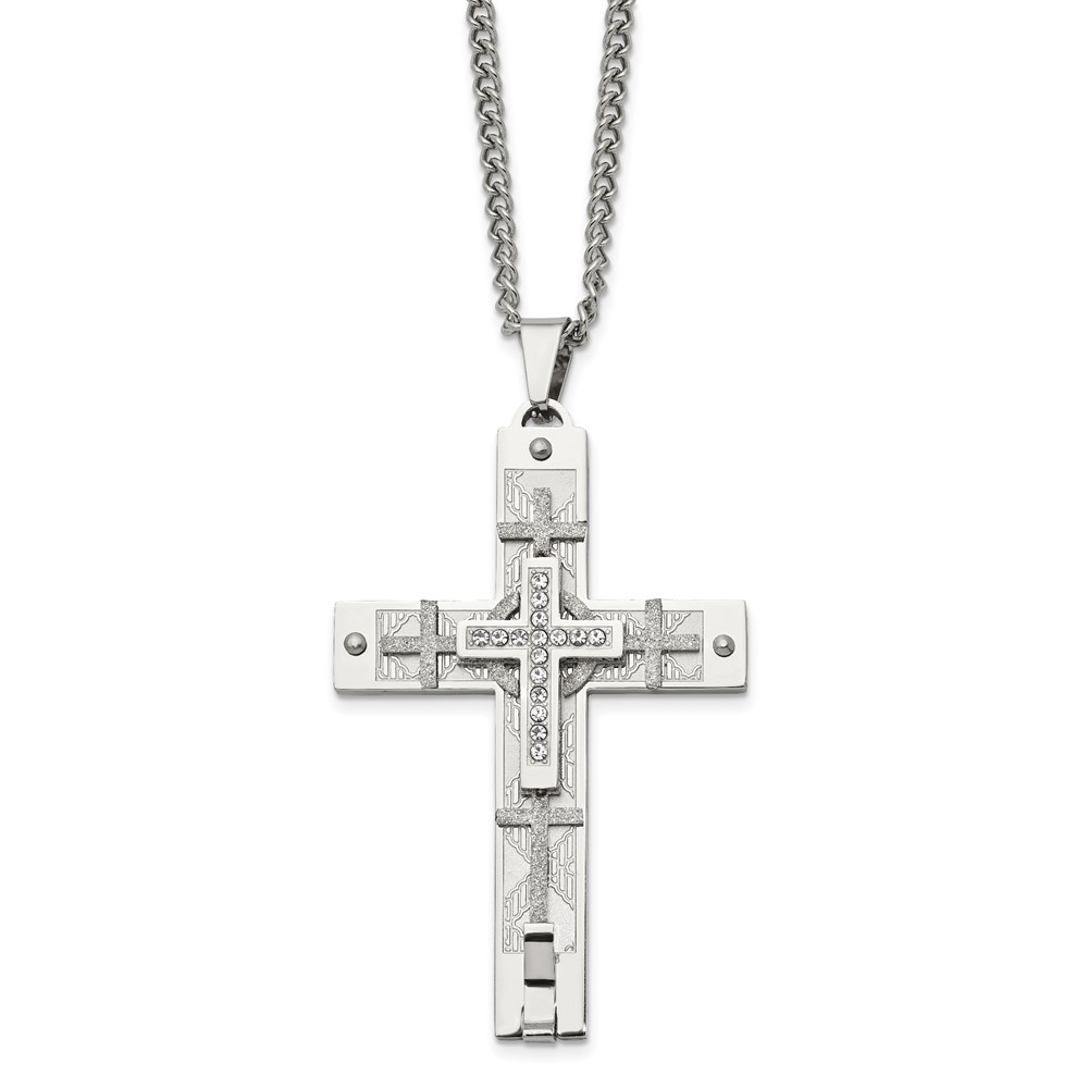 Stainless Steel 24in Polished Laser cut with Crystal Cross Necklace