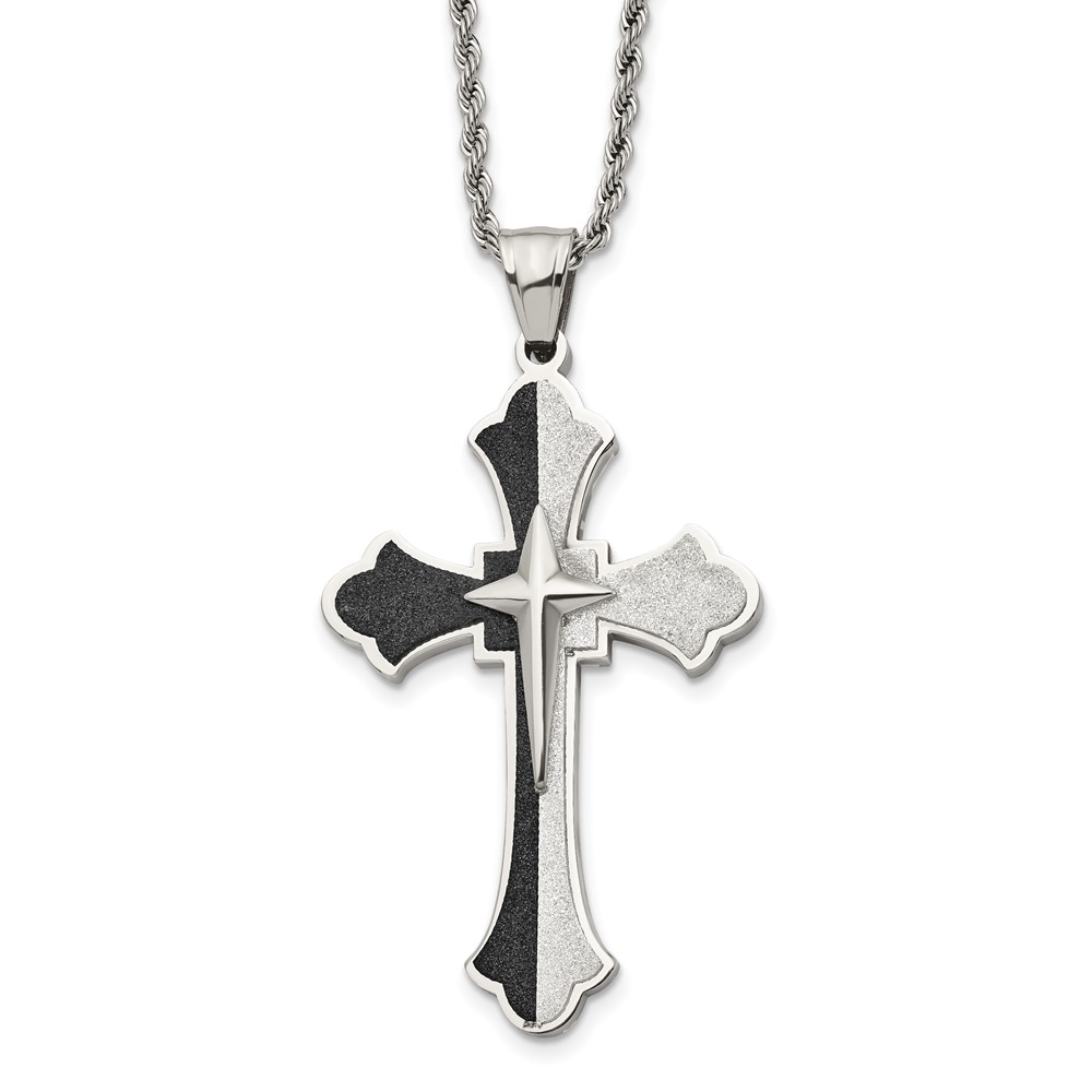Stainless Steel Polished Black IP-plated Laser cut Cross 24in Necklace