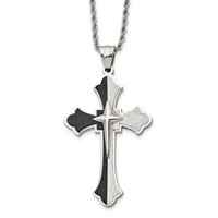 Chisel Stainless Steel Polished Black IP-plated Laser Cut Cross Pendant on a Rope Chain Necklace, 24" view 1