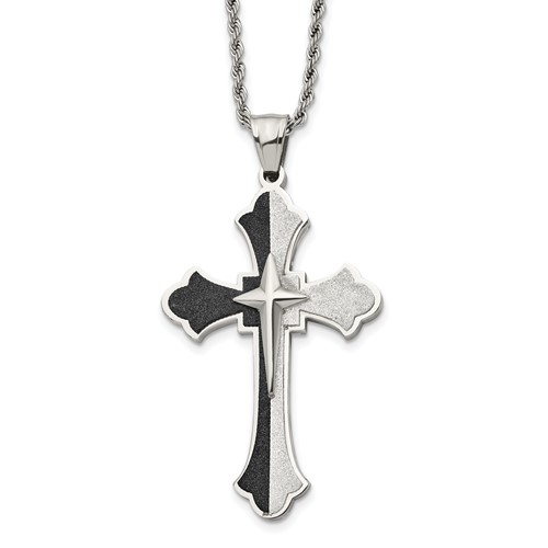 Chisel Stainless Steel Polished Black IP-plated Laser Cut Cross Pendant on a Rope Chain Necklace, 24"
