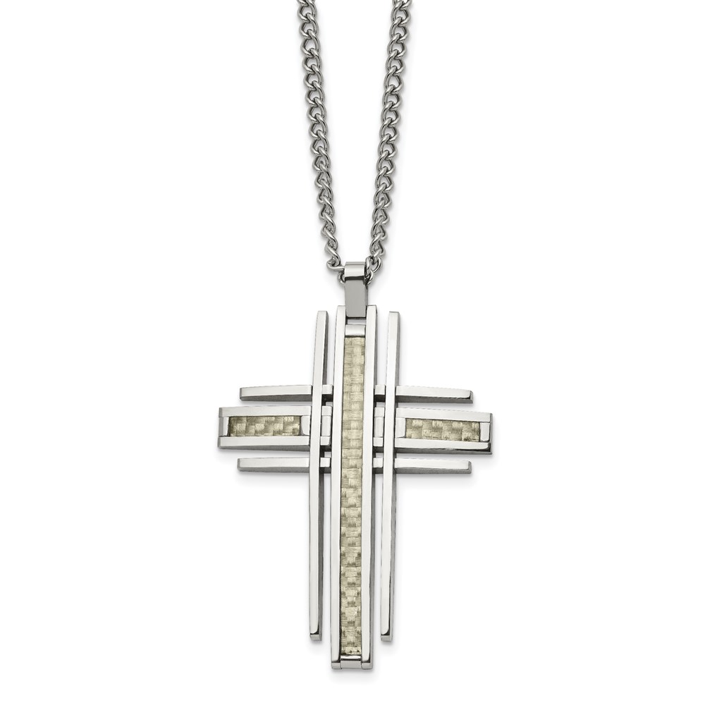 Stainless Steel Polished w/Grey Carbon Fiber Inlay Cross 24in Necklace