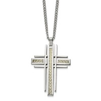 Chisel Stainless Steel Polished Necklace with Grey Carbon Fiber Inlay Cross Pendant on a Curb Chain, 24" view 1