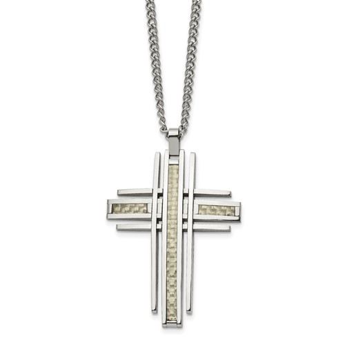 Chisel Stainless Steel Polished Necklace with Grey Carbon Fiber Inlay Cross Pendant on a Curb Chain, 24"