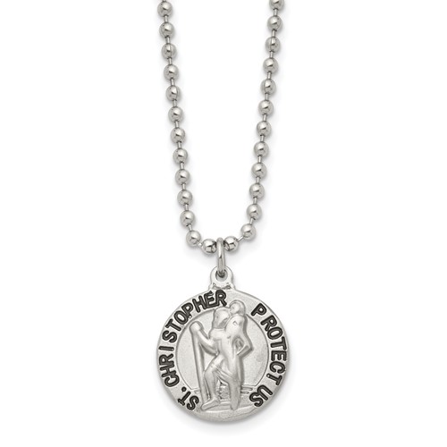 Chisel Stainless Steel Brushed and Enameled St. Christopher Medal on a Ball Chain Necklace, 22"