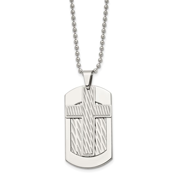 Chisel Stainless Steel Polished and Textured 2 Piece Cross Dog Tag on a 24 inch Ball Chain Necklace