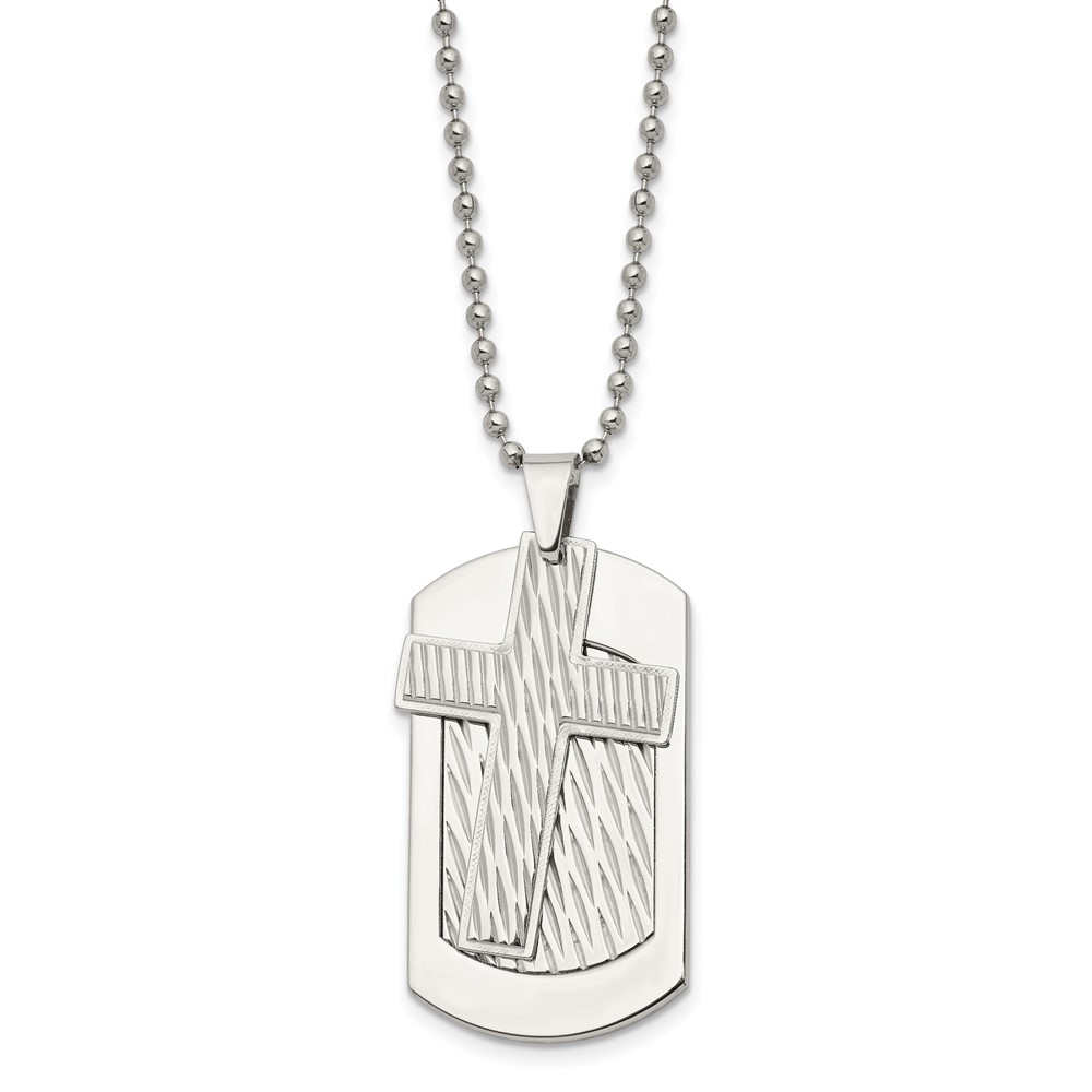 Stainless Steel Polished and Textured 2 Piece Cross Dog Tag 24in Necklace