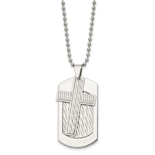 Chisel Stainless Steel Polished and Textured 2 Piece Cross Dog Tag on a 24 inch Ball Chain Necklace