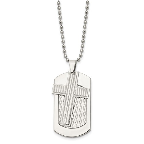 Chisel Stainless Steel Polished and Textured 2 Piece Cross Dog Tag on a Ball Chain Necklace, 24"