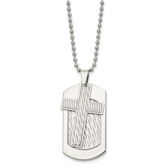 Chisel Stainless Steel Polished and Textured 2 Piece Cross Dog Tag on a 24 inch Ball Chain Necklace