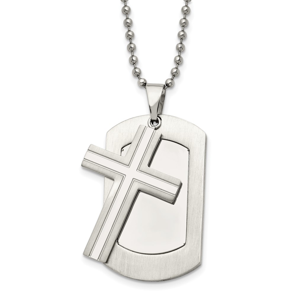 Stainless Steel Brushed and Polished 2 Piece Cross Dog Tag 24in Necklace