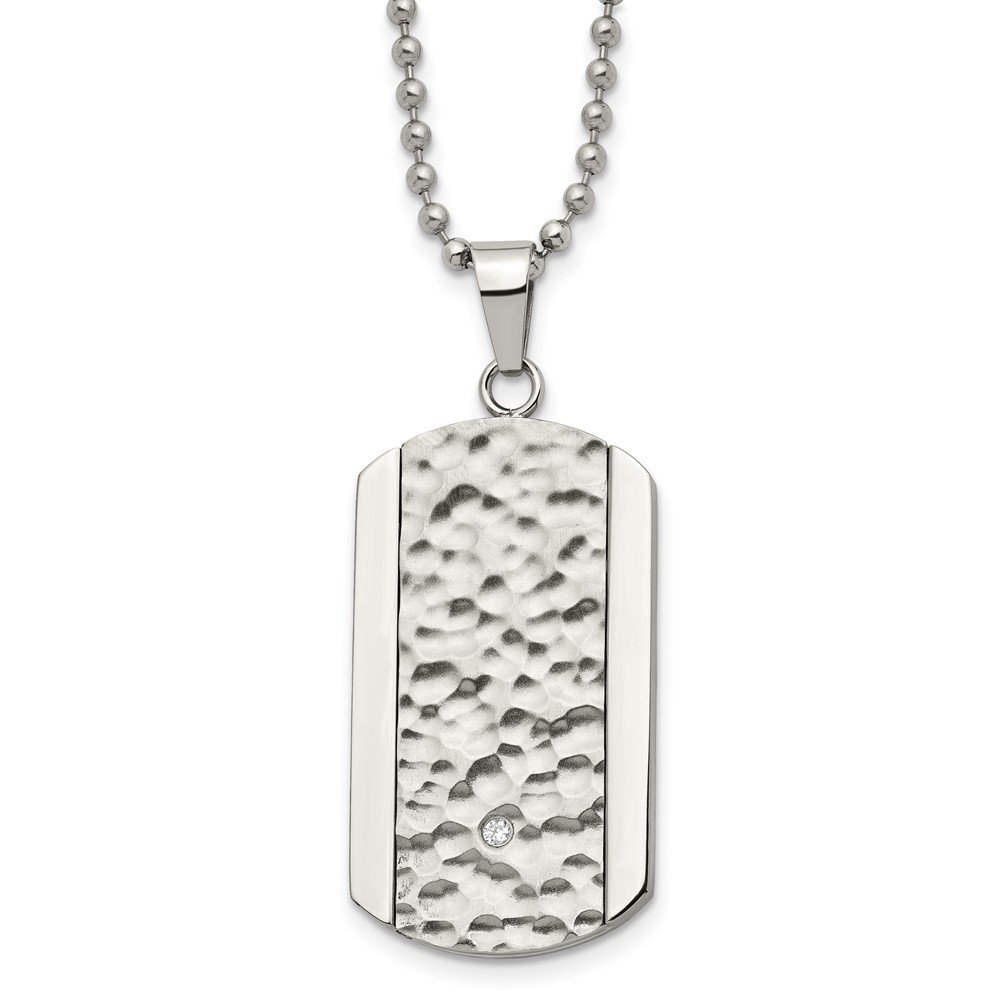 Stainless Steel Polished and Hammered w/CZ Dog Tag 22in Necklace