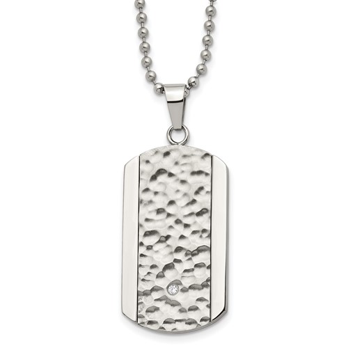 Chisel Stainless Steel Polished and Hammered Necklace with CZ Dog Tag on a Ball Chain, 22"