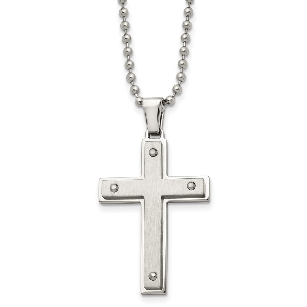Stainless Steel Brushed and Polished Cross 22in Necklace