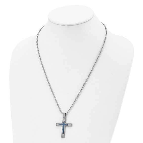 Stainless Steel Polished & Textured Blue IP-plated Cross 22in Necklace