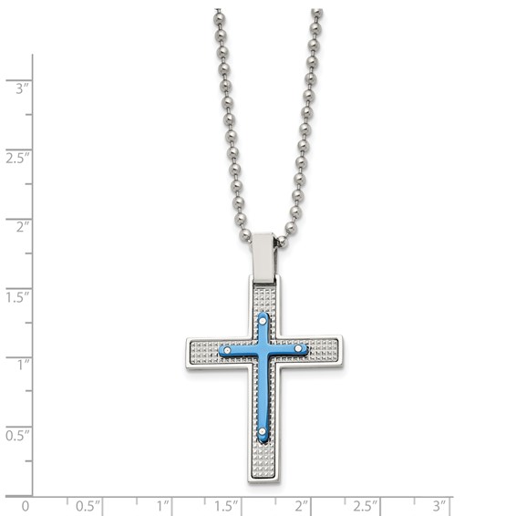 Stainless Steel Polished & Textured Blue IP-plated Cross 22in Necklace