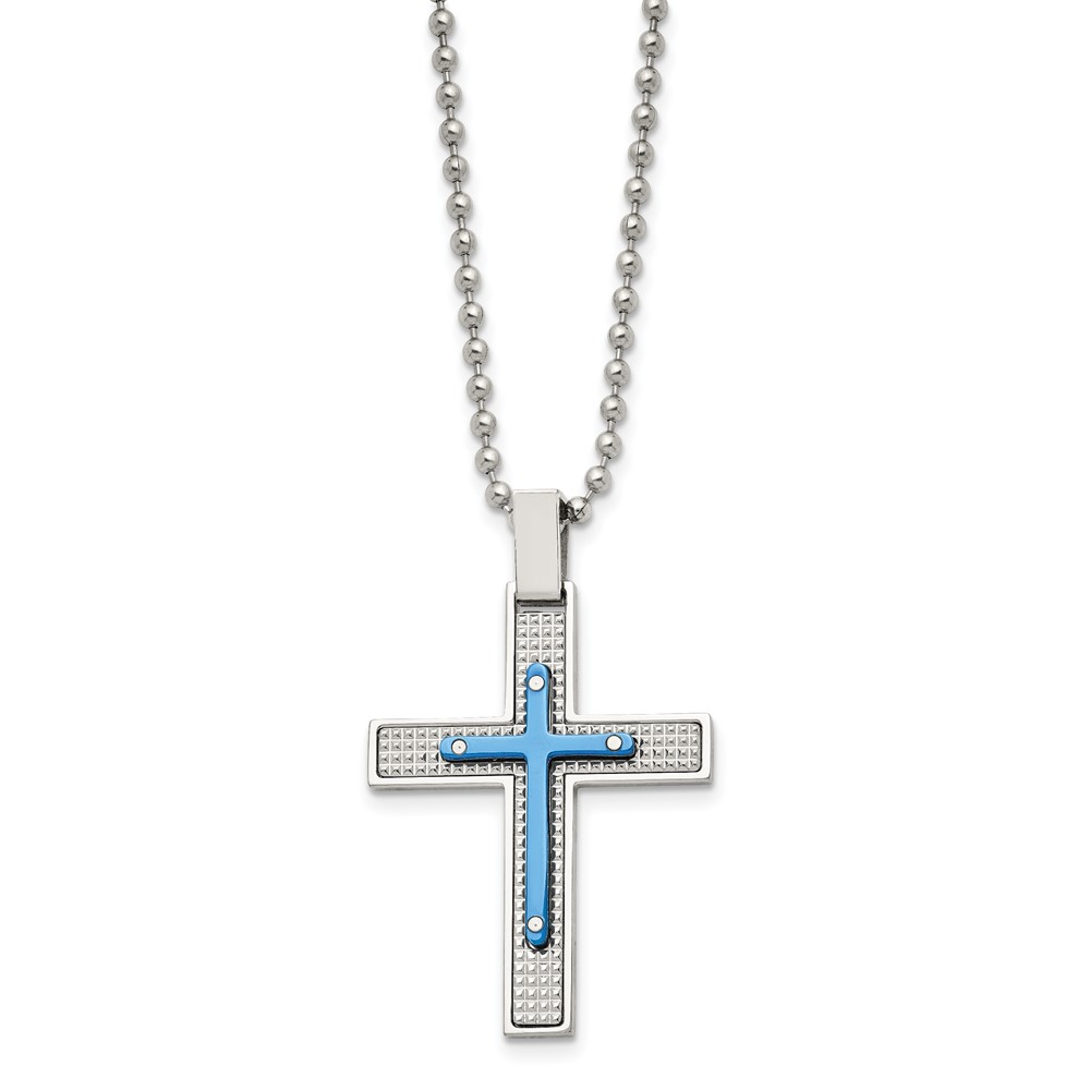 Stainless Steel Polished & Textured Blue IP-plated Cross 22in Necklace