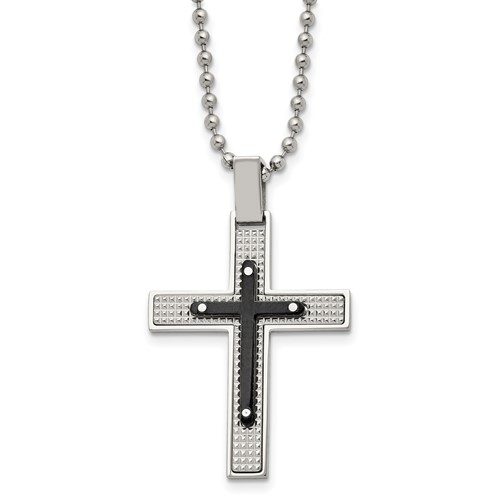 Stainless Steel Polished and Textured Black IP-plated Cross Necklace, 22"